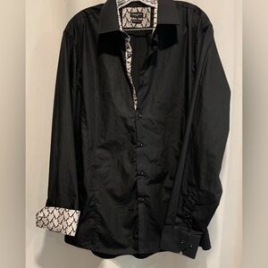 Rosso Milano Men's Black Dress Shirt, Modern Fit, Cream & Gold Floral; Size 16.5